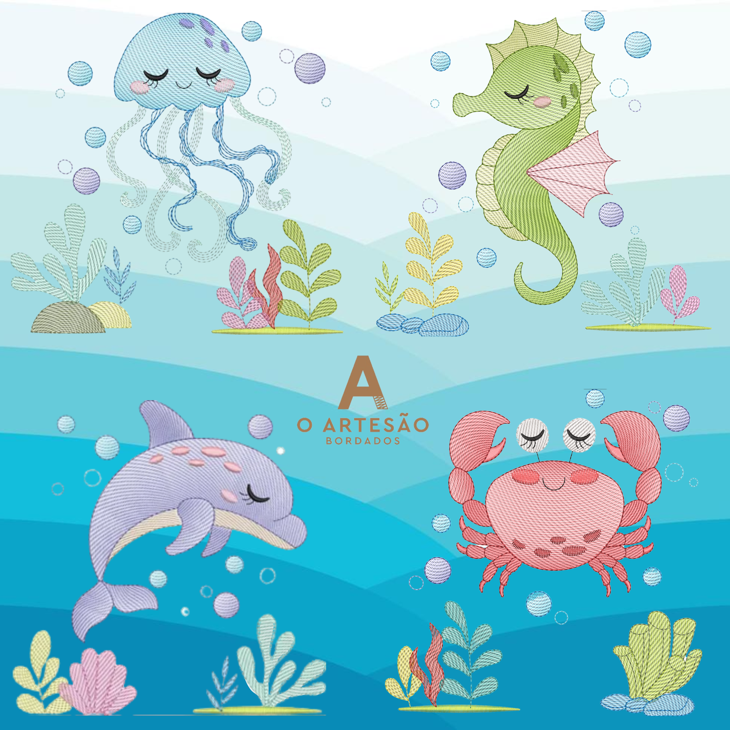 Pacote de Matrizes de Bordado Animais Marinhos Curtindo a Paz — Download Imediato