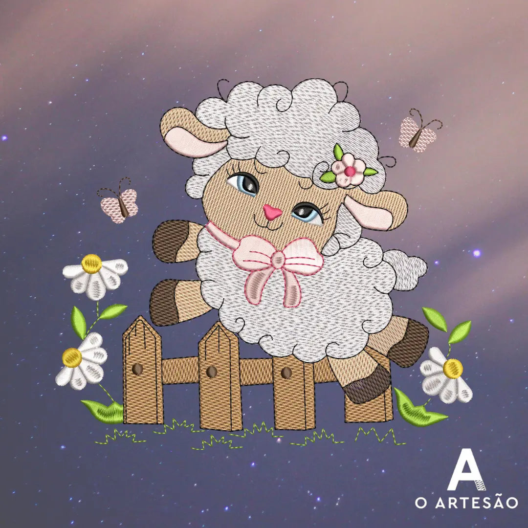 Matriz de Bordado Ovelhinha Peluda Pulando no Jardim com fundo decorado
