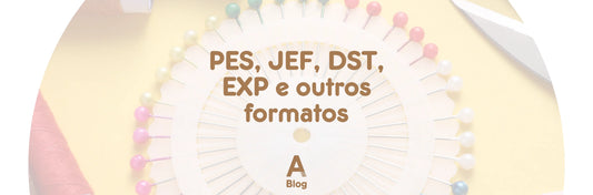 Banner com escrita PES, JEF, DST, EXP e outros formatos com alfinetes coloridos de fundo 