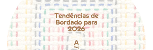 Banner com escrita Tendências de Bordado para 2026 com fundo em sarja colorida