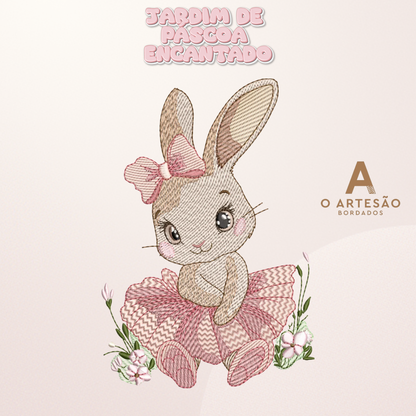 Matriz de Bordado de Páscoa Coelhinha Bailarina com fundo rosa simples