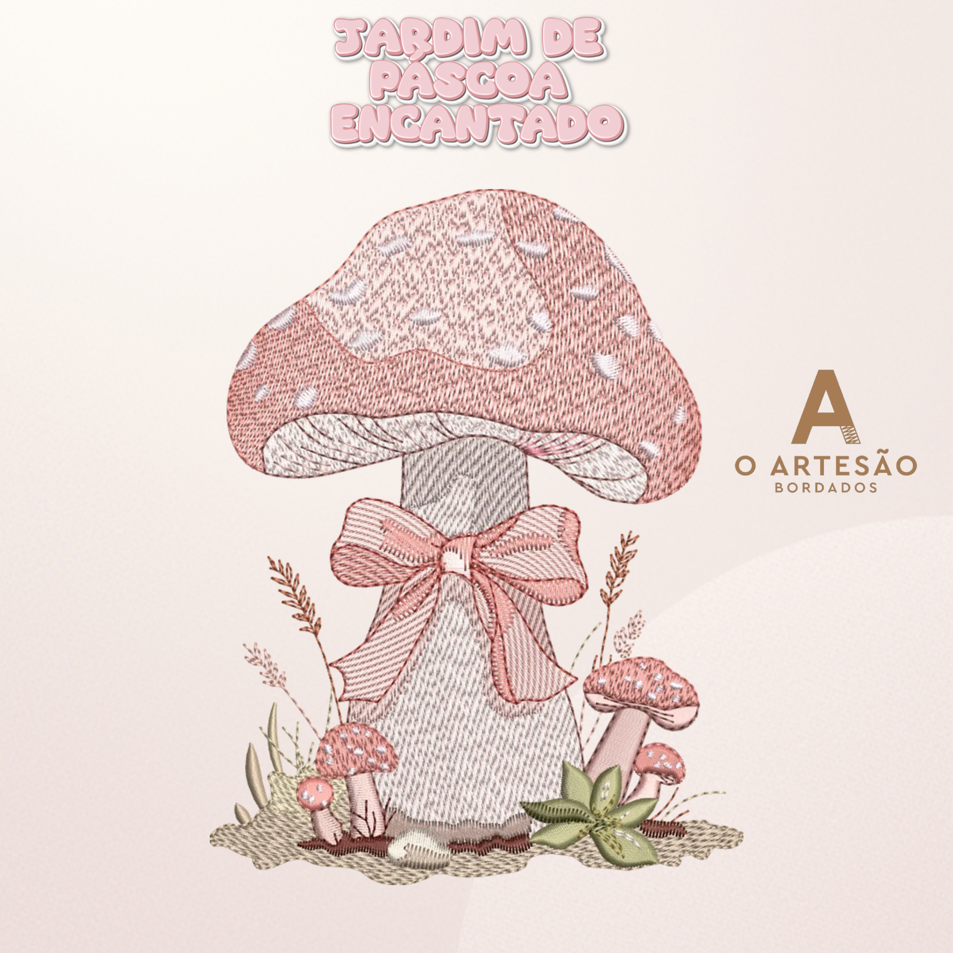 Matriz de Bordado de Páscoa Cogumelo Jardim Encantado com Fundo Rosa Simples