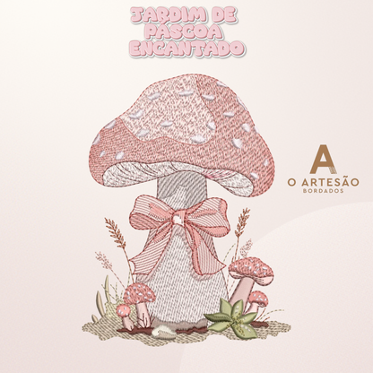 Matriz de Bordado de Páscoa Cogumelo Jardim Encantado com Fundo Rosa Simples