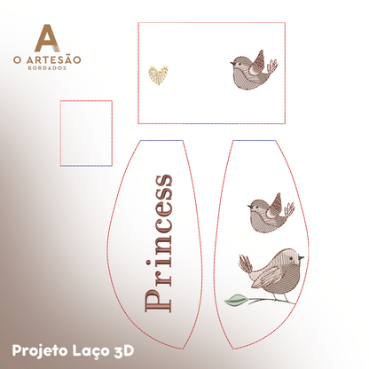 Matriz de Bordado Projeto Laço 3D Princess Passarinhos — Download Imediato