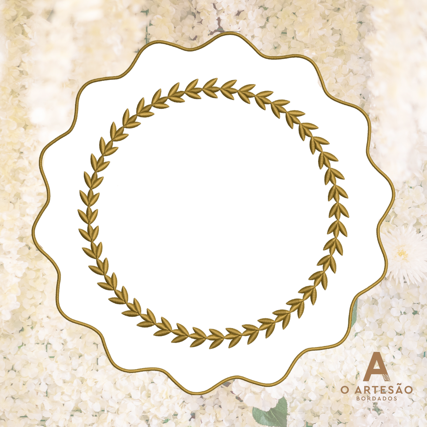 Matriz de Bordado Sousplat e Moldura Ramos de Folhas Douradas — Download Imediato