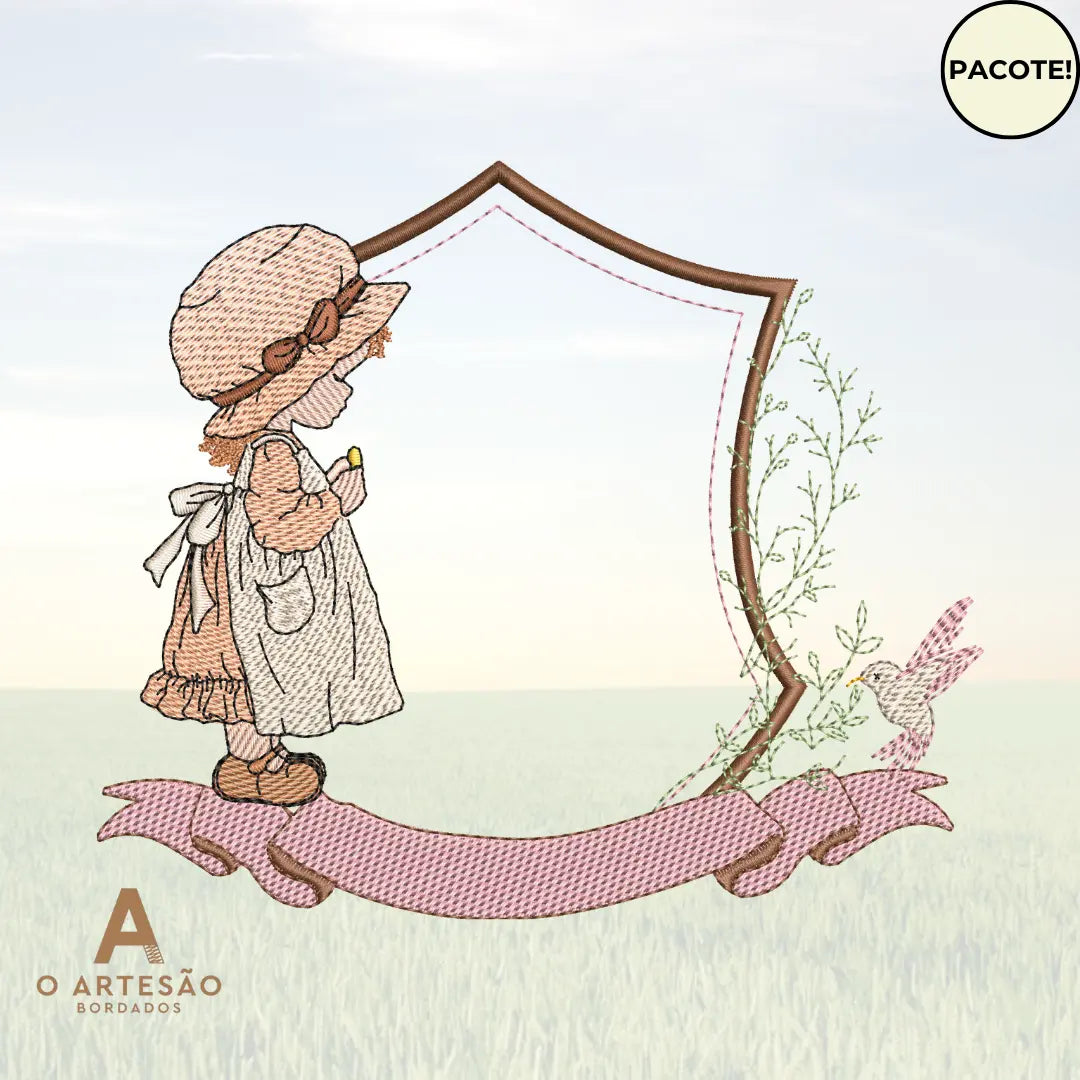 Bordado de menina camponesa com chapéu e vestido de campo ao lado de brasão marrom com galhos e passarinho rosa