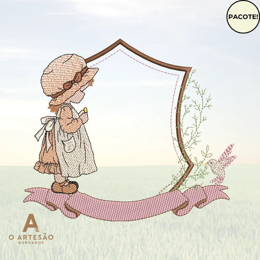 Bordado de menina camponesa com chapéu e vestido de campo ao lado de brasão marrom com galhos e passarinho rosa