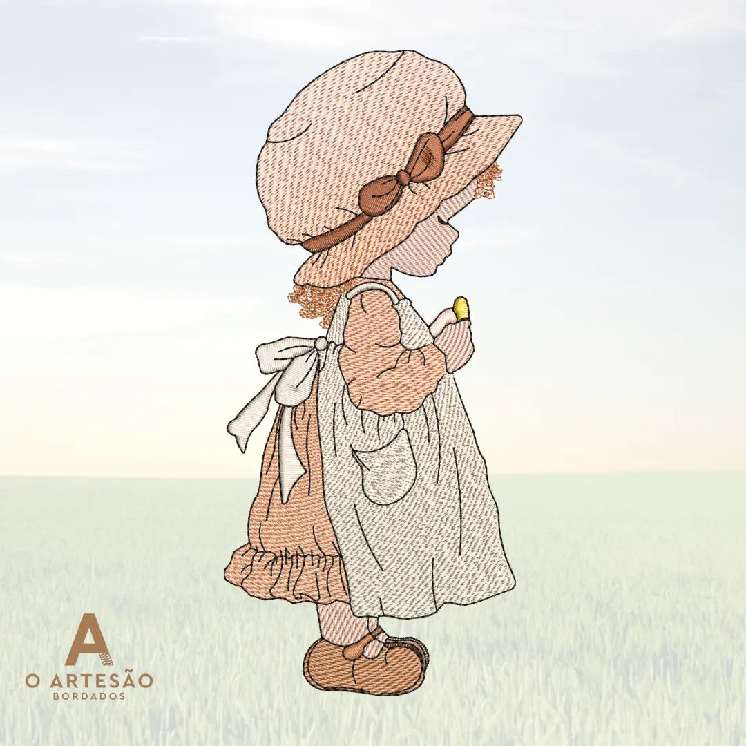 Menina camponesa bordada de costas com chapéu de palha, laço branco e vestido de campo terra