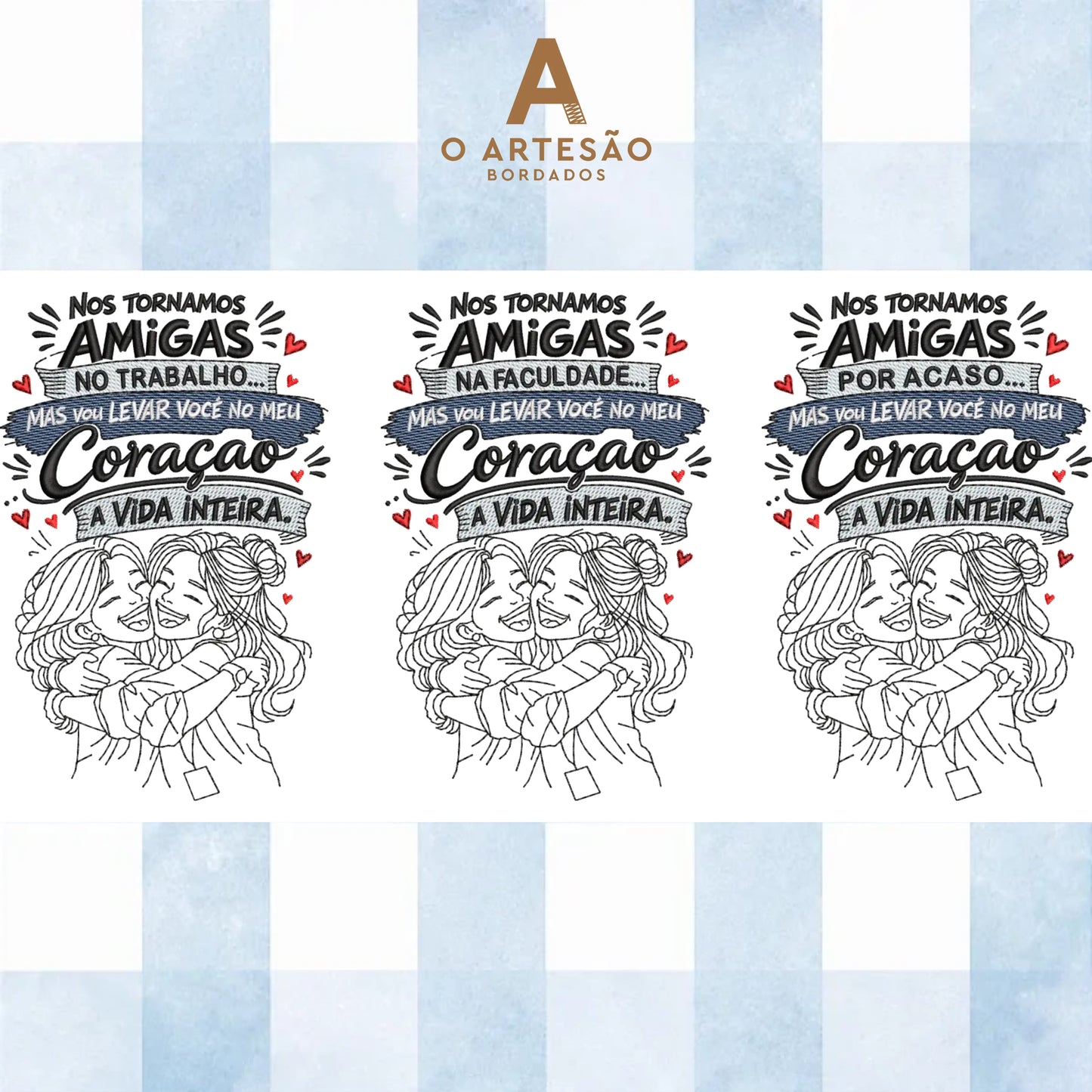 Coleção Matrizes de Bordado migas do Coração com fundo Xadrez Azul Claro com Branco.