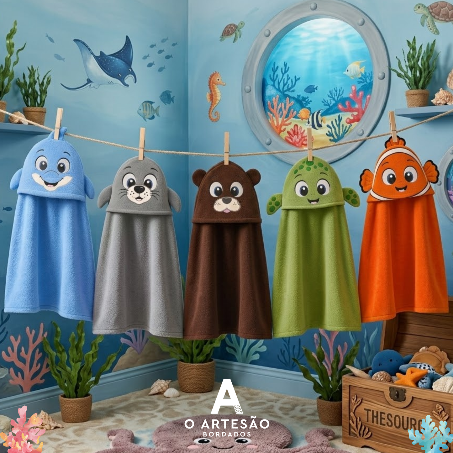 Matrizes de Bordado Rostinhos Lúdicos Coleção Amiguinhos do Oceano Bordadas em Toalhas com Capuz e Fundo Quarto Fundo do Mar Colorido em Pintura