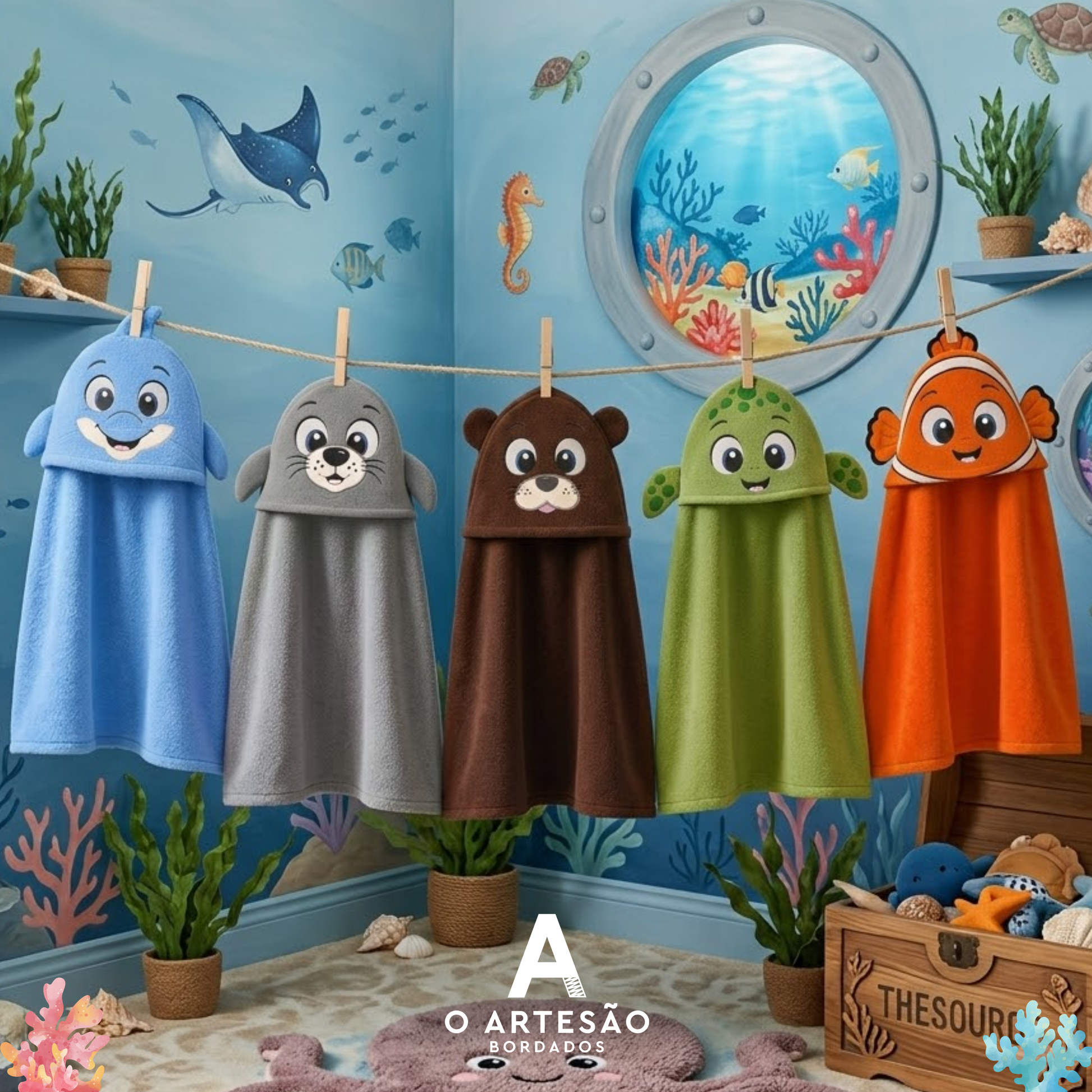 Matrizes de Bordado Rostinhos Lúdicos Coleção Amiguinhos do Oceano Bordadas em Toalhas com Capuz e Fundo Quarto Fundo do Mar Colorido em Pintura