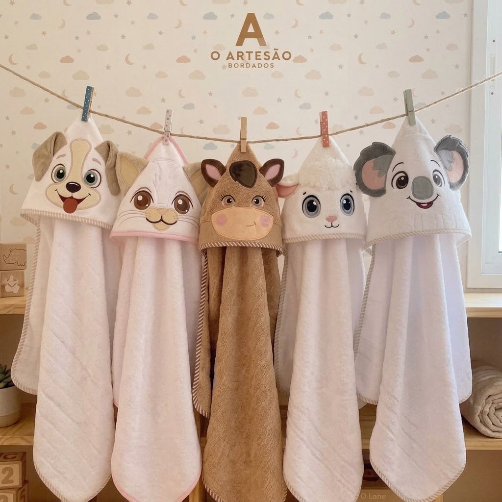 Toalhas com Capuz com Matrizes de Bordado Coleção Amiguinhos Peludos Rostinhos Lúdicos em fundo Parede Neutra