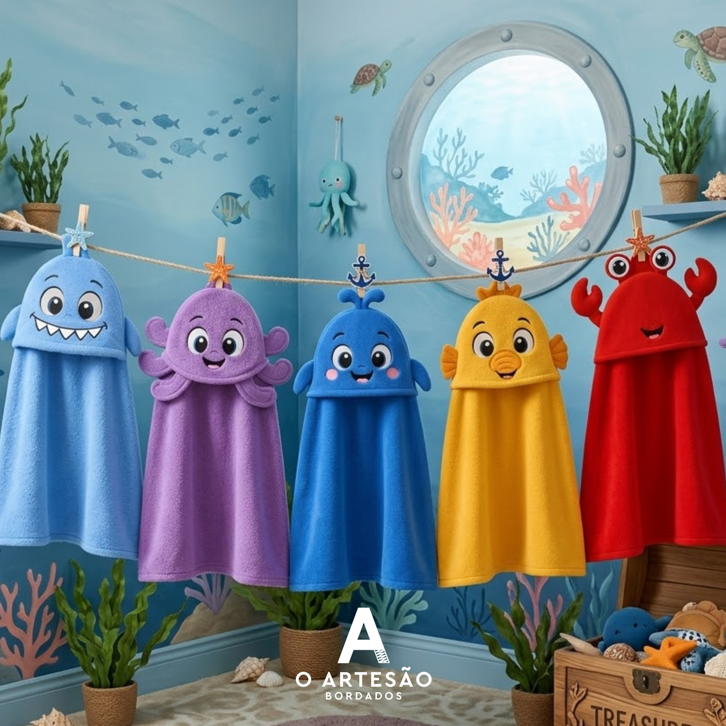 Matrizes de Bordado Rostinhos Lúdicos Coleção Aventura Marinha Bordadas em Toalhas com Capuz e Fundo Quarto Fundo do Mar Colorido em Pintura