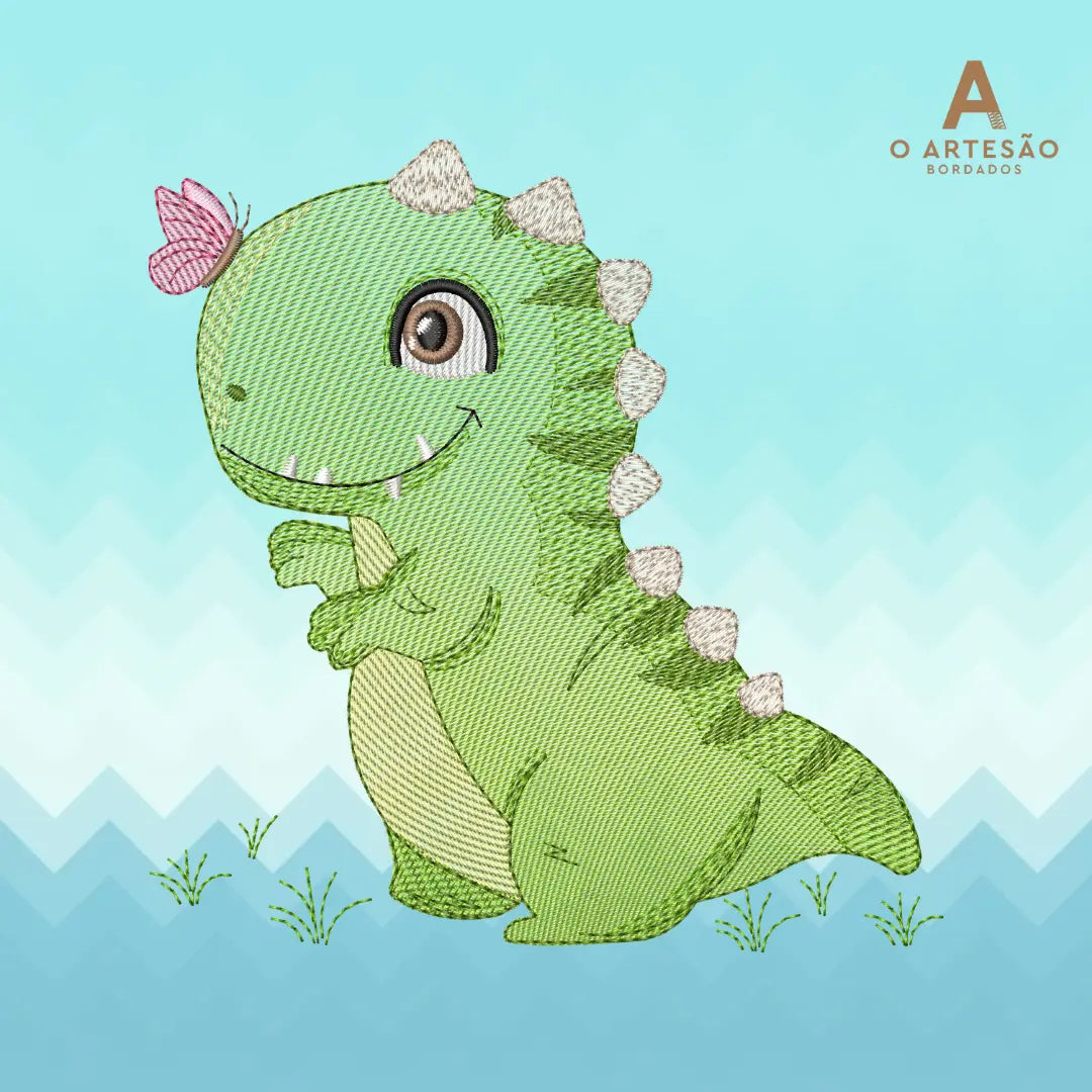 Matriz de bordado dinossaurinho verde infantil com borboleta rosa e fundo azul