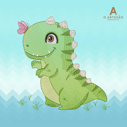 Matriz de bordado dinossaurinho verde infantil com borboleta rosa e fundo azul