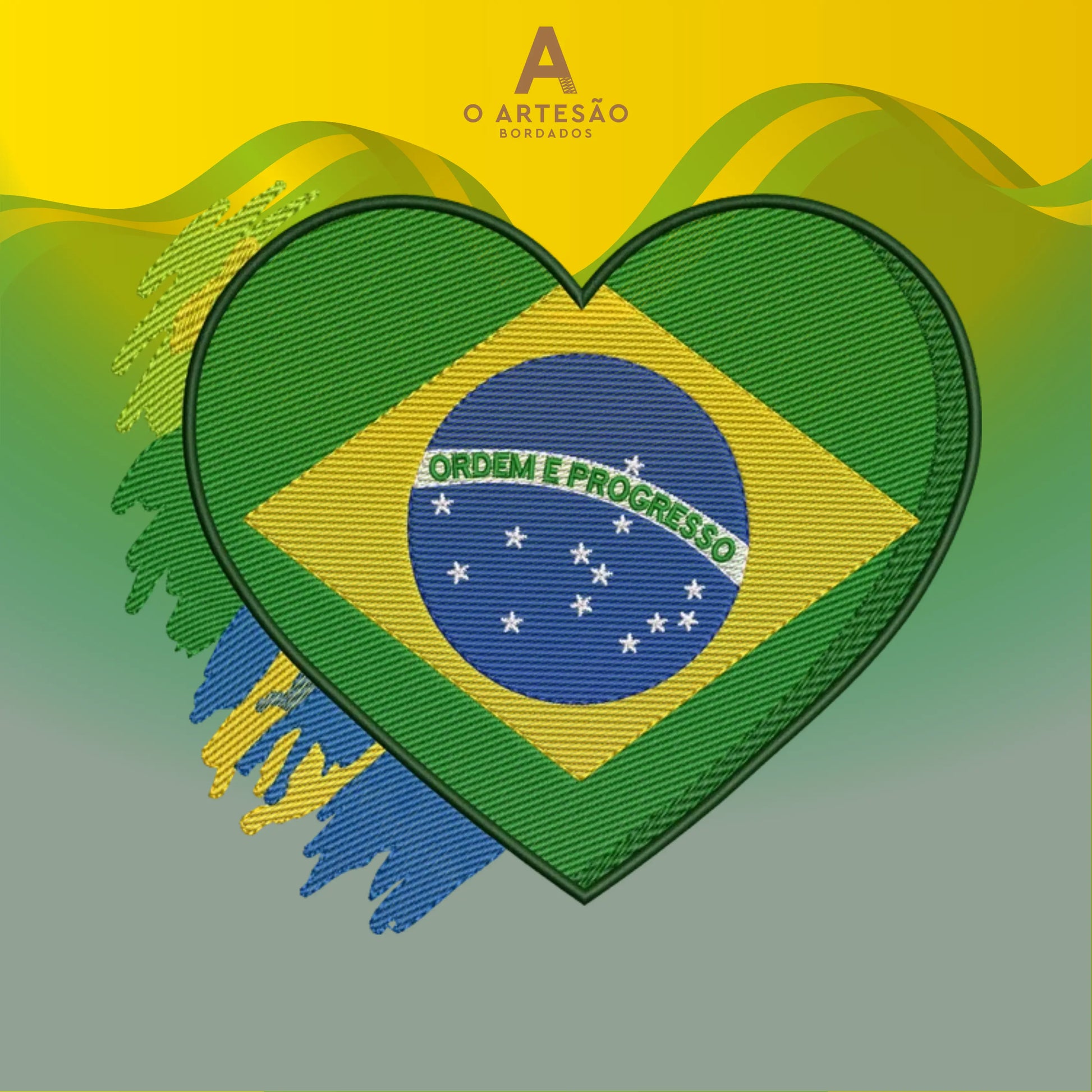 Matriz de Bordado Bandeira Coração Brasil com Fundo Verde e Amarelo.