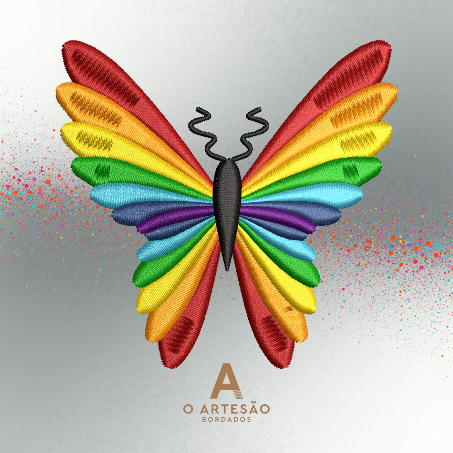 Matriz de Bordado Decorativa Borboleta Colorida Arco-Iris com Fundo Cinza e Cores