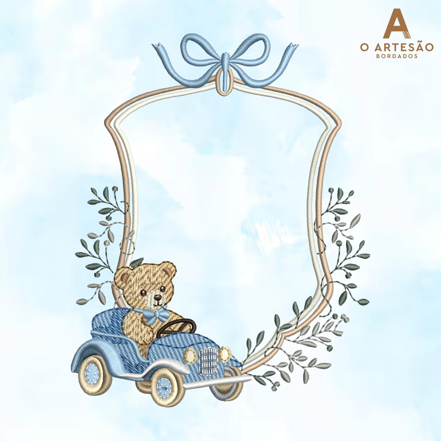Matriz de Bordado Brasão Ursinho Motorista com Fundo Azul Claro