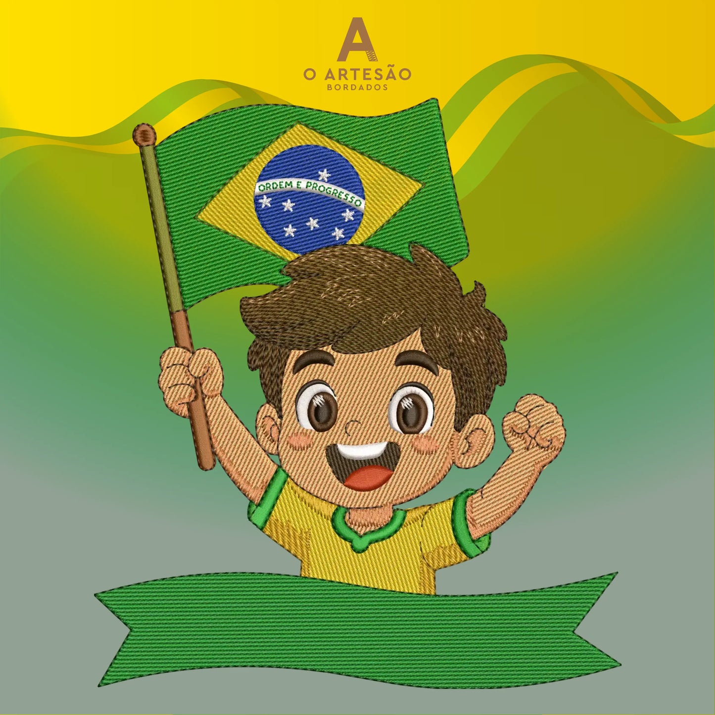Matriz de Bordado Copa do Mundo Menino Torcdor com Bandeira com Fundo Verde e Amarelo.