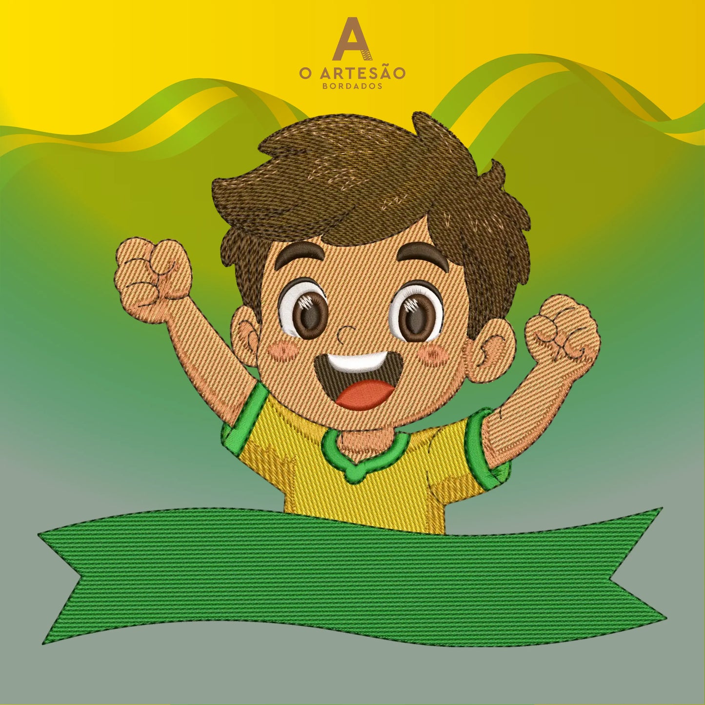 Matriz de Bordado Copa do Mundo Menino Torcdor com Fundo Verde e Amarelo.