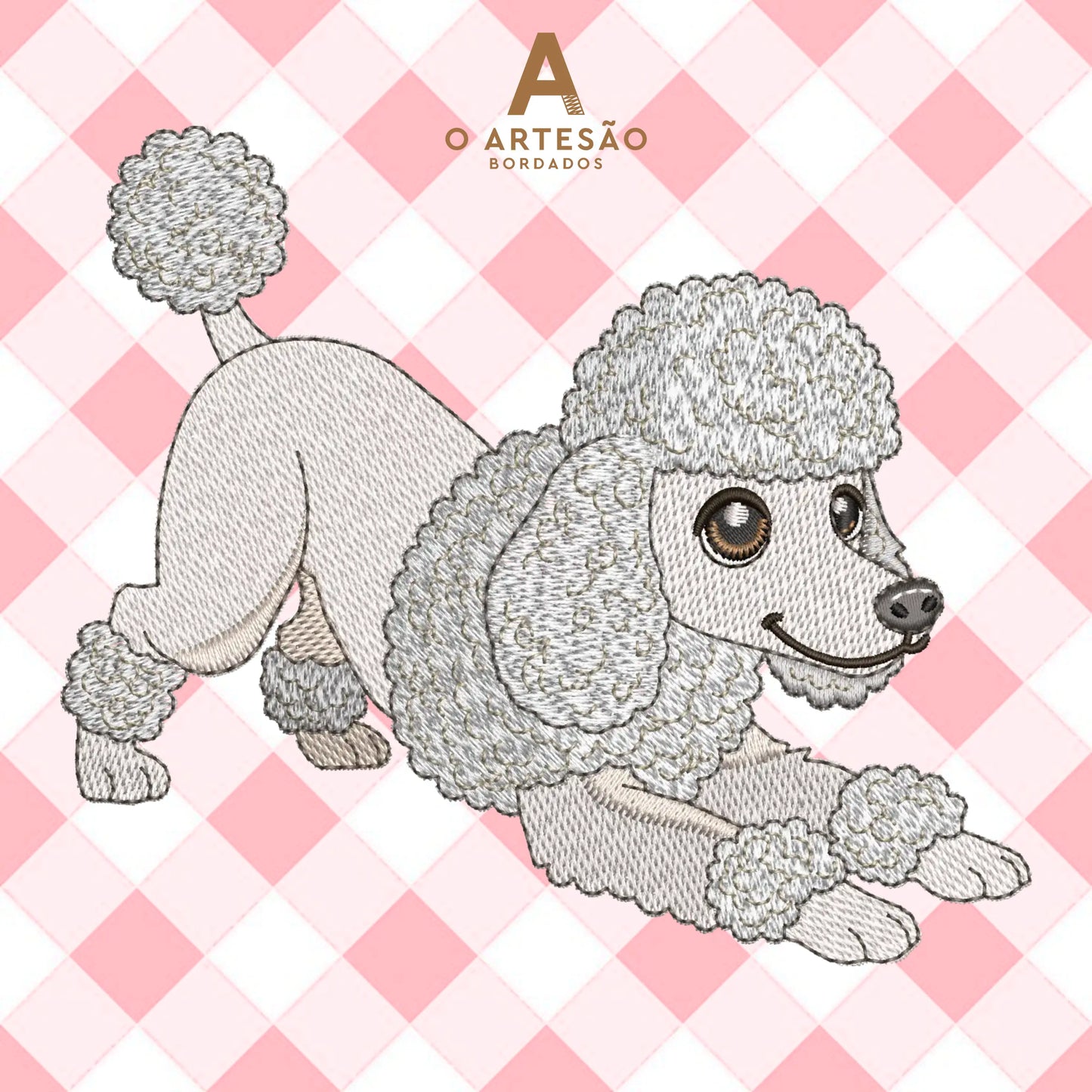 Matriz de Bordado de Cozinha Poodle Fofinho Puxando Pano em Tatami com Fundo Xadrez Rosa