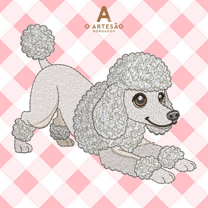 Matriz de Bordado de Cozinha Poodle Fofinho Puxando Pano em Tatami com Fundo Xadrez Rosa