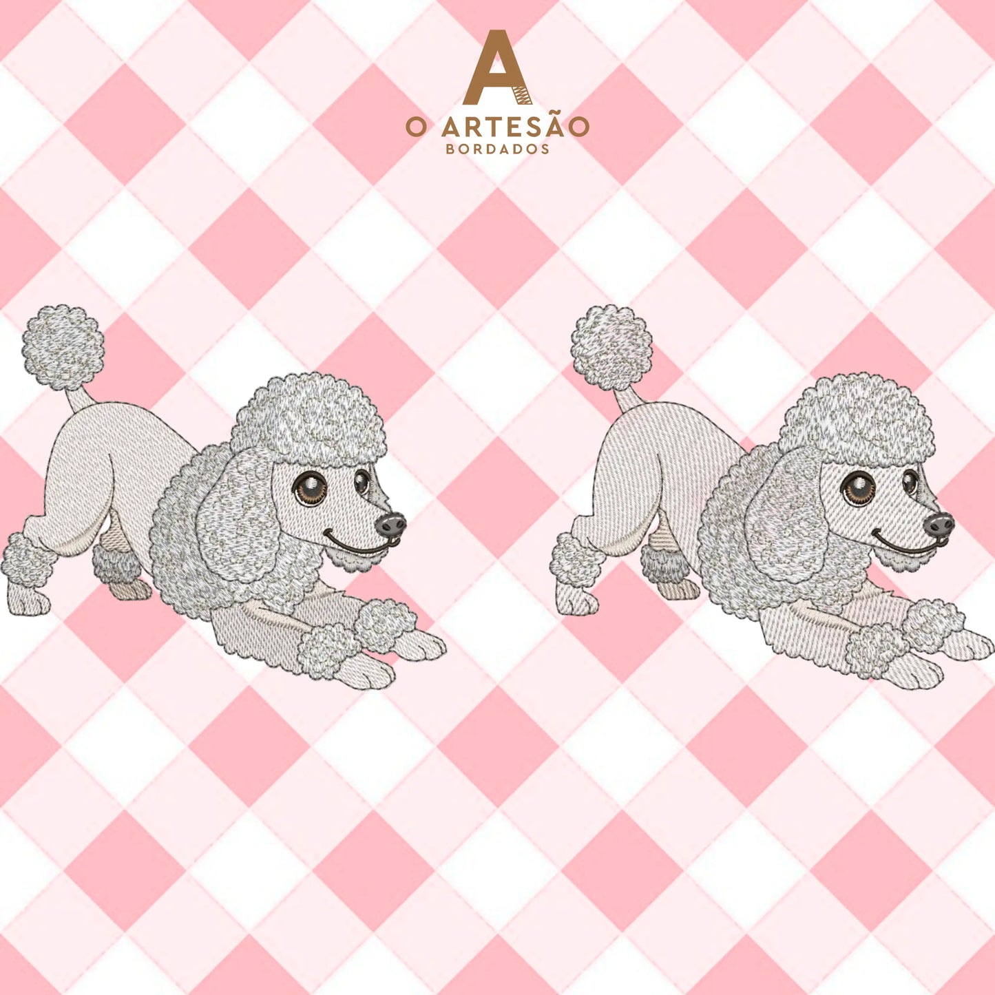 Matriz de Bordado de Cozinha Poodle Fofinho Puxando Pano em Tatami e rippled com Fundo Xadrez Rosa