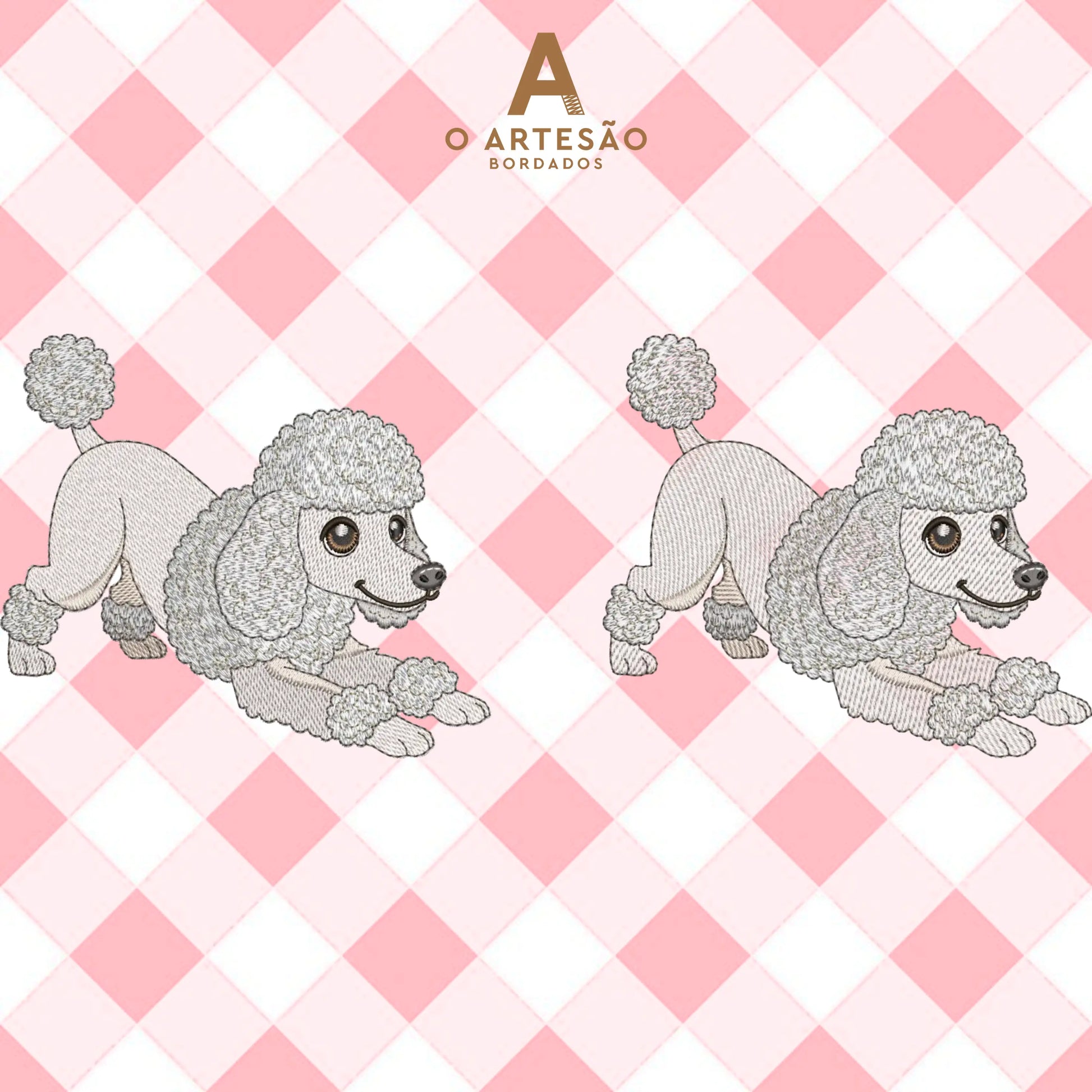 Matriz de Bordado de Cozinha Poodle Fofinho Puxando Pano em Tatami e rippled com Fundo Xadrez Rosa