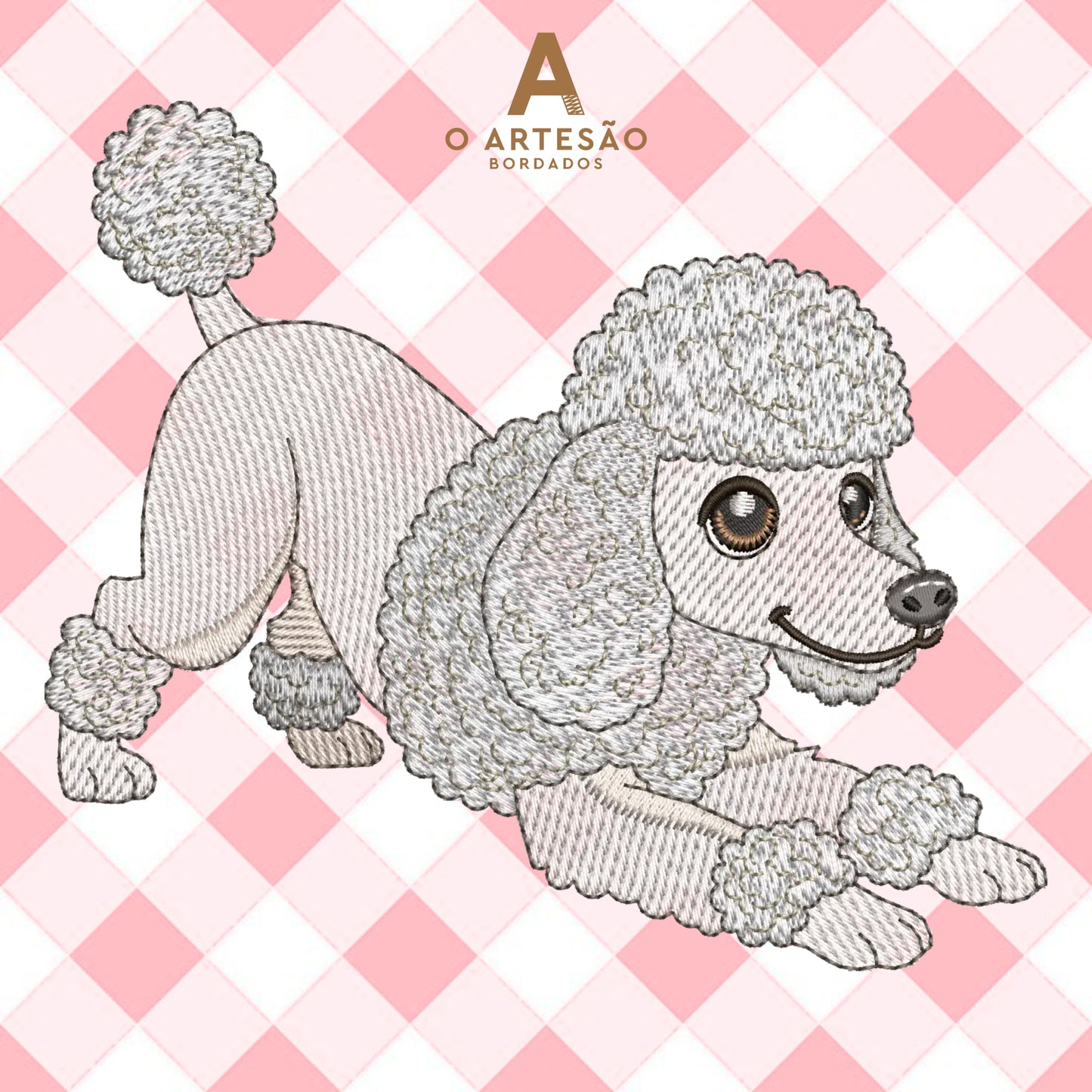 Matriz de Bordado de Cozinha Poodle Fofinho Puxando Pano em Rippled com Fundo Xadrez Rosa