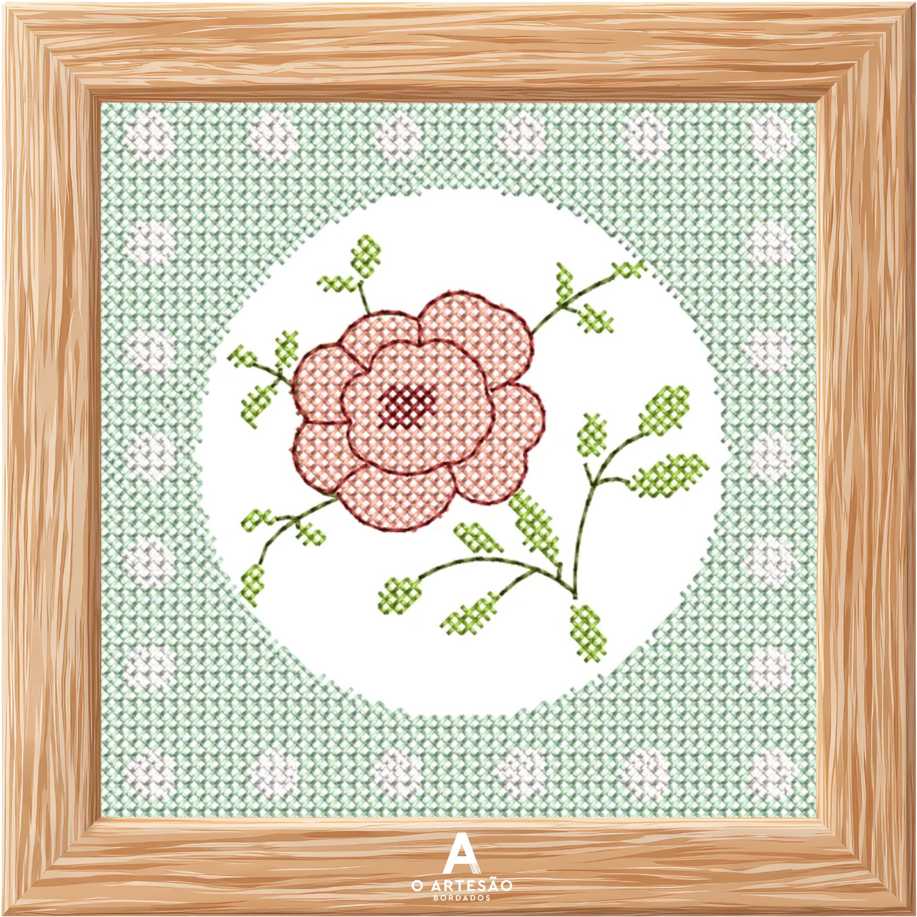 Matriz de Bordado Ponto Cruz Flor e Moldura Dentro de uma Moldura Marrom Ilustrativa