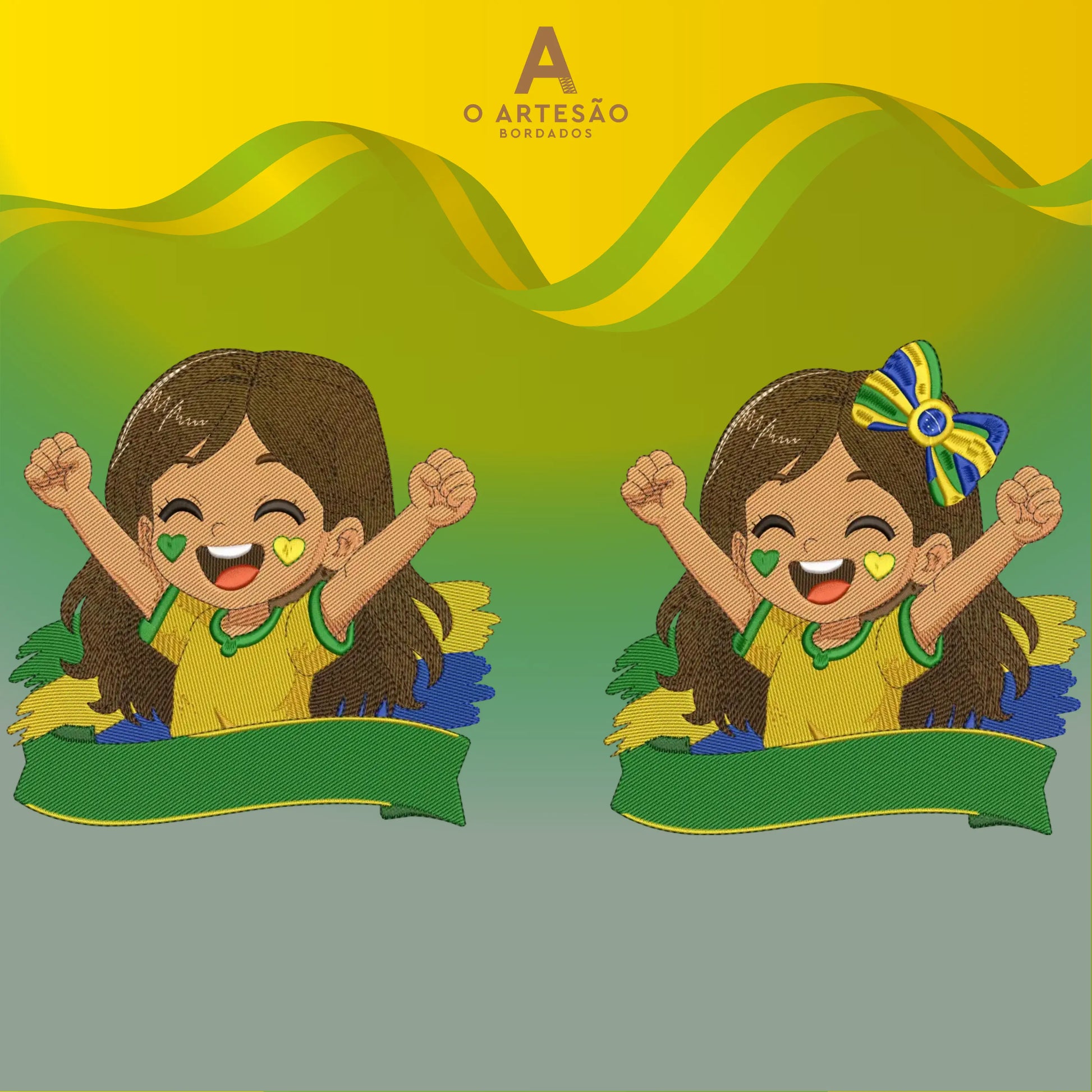 Matriz de Bordado Futebol Menina Torcedora com e sem Laço no Cabelo com Fundo Verde e Amarelo.
