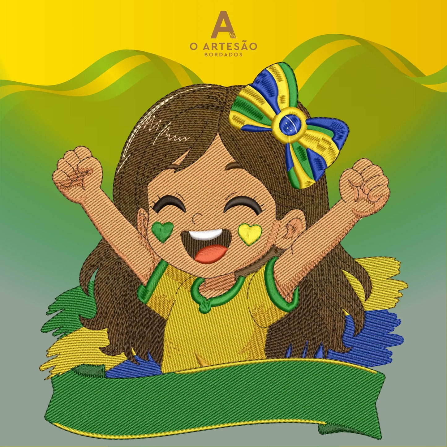 Matriz de Bordado Futebol Menina Torcedora com Laço no Cabelo com Fundo Verde e Amarelo