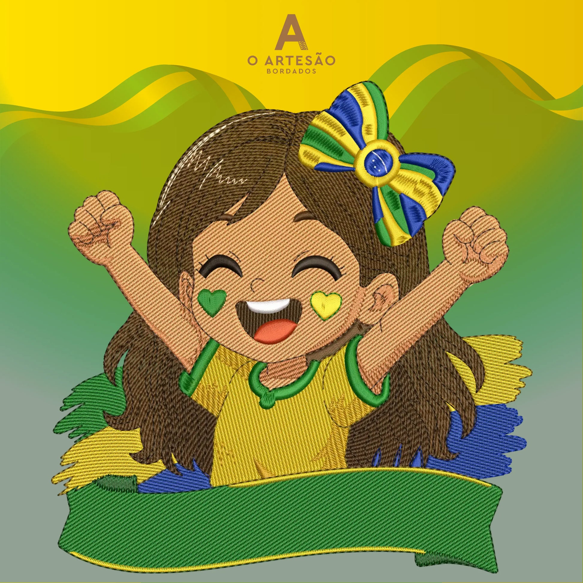 Matriz de Bordado Futebol Menina Torcedora com Laço no Cabelo com Fundo Verde e Amarelo
