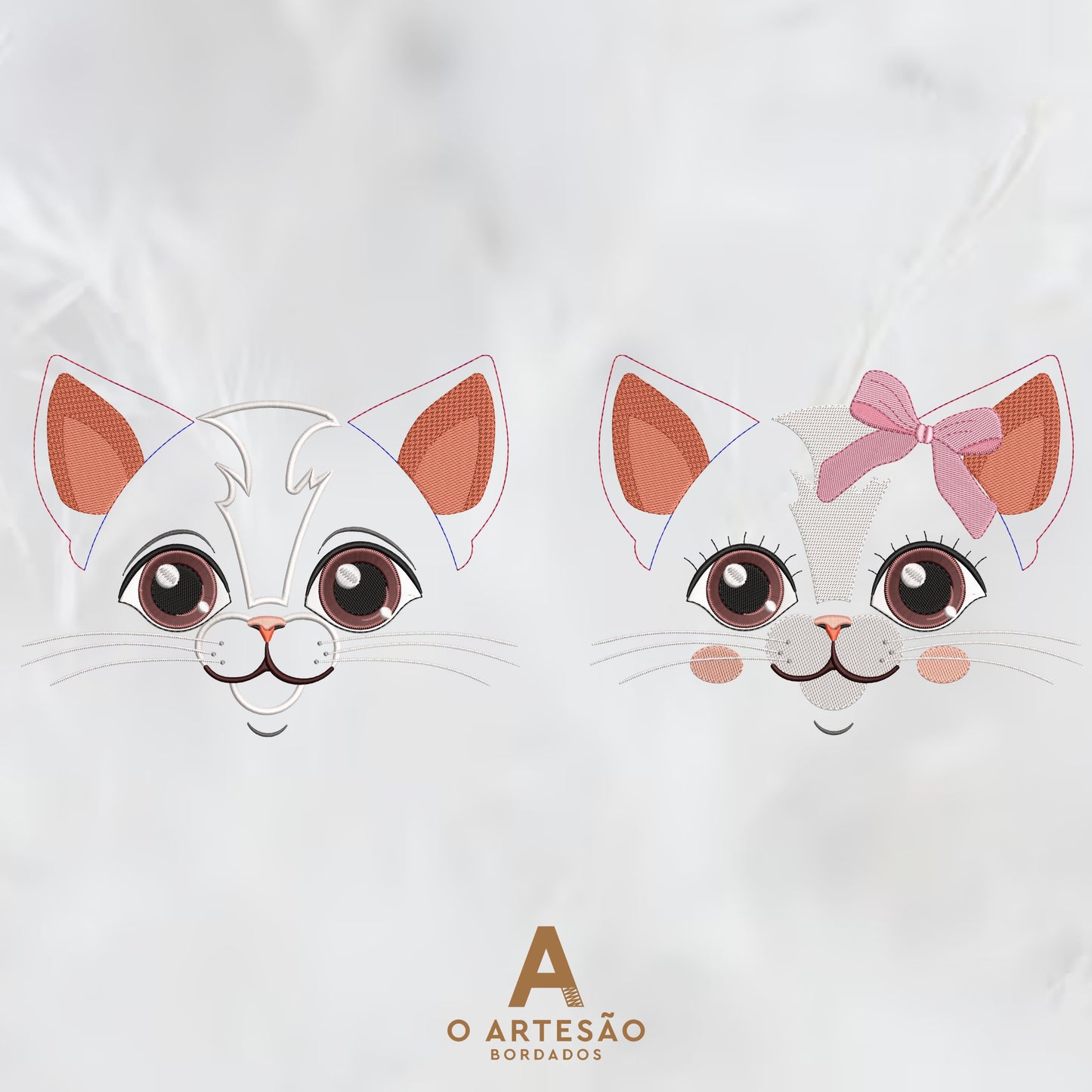 Matriz de Bordado Gatinhos Rostinho Lúdico em Aplique e em Rippled com Fundo Branco Simples