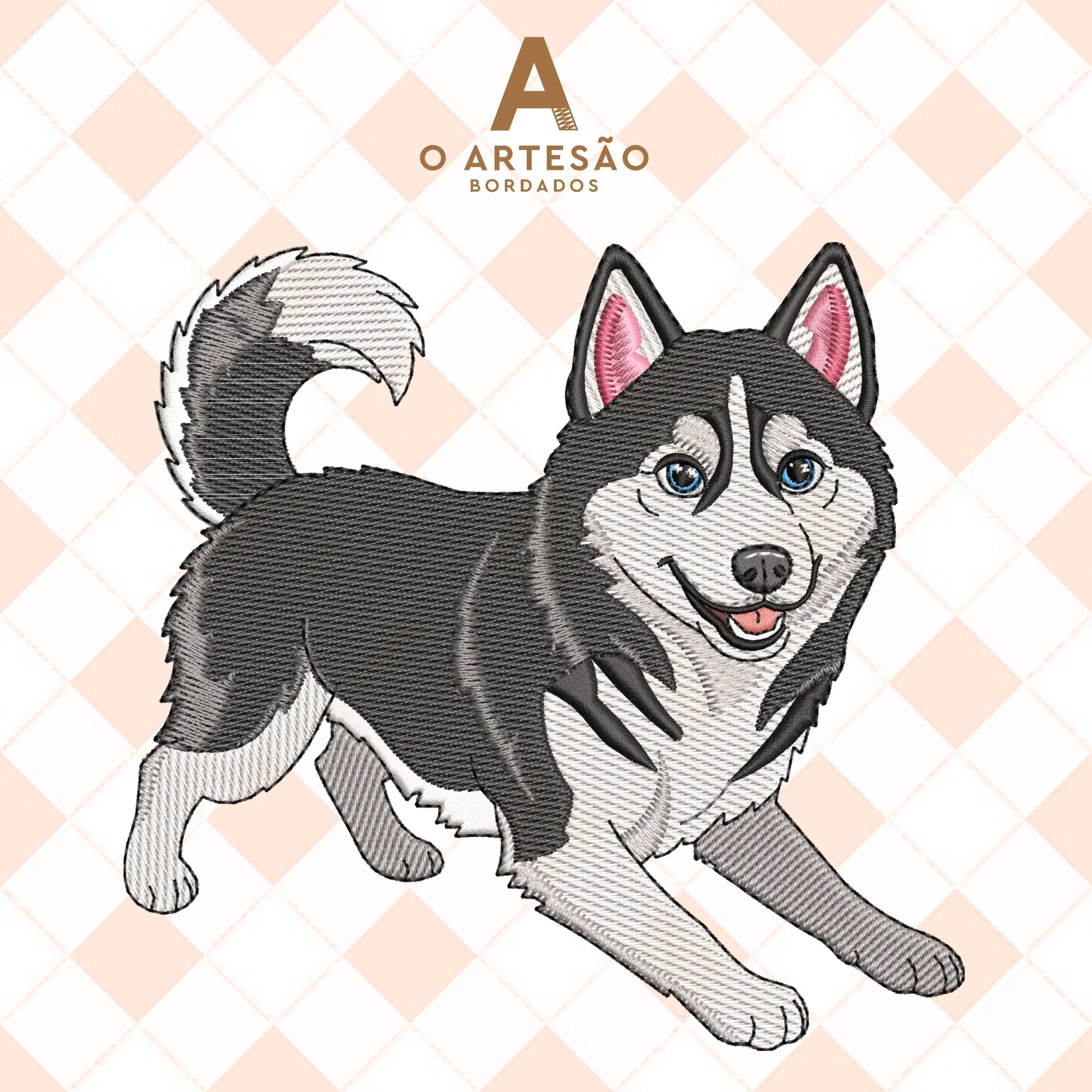 Matriz de Bordado Husky Brincalhão  em Rippled Puxa Pano com Fundo Xadrez Rosinha