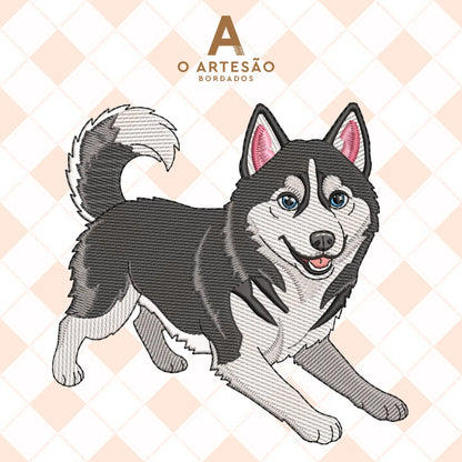 Matriz de Bordado Husky Brincalhão  em Rippled Puxa Pano com Fundo Xadrez Rosinha