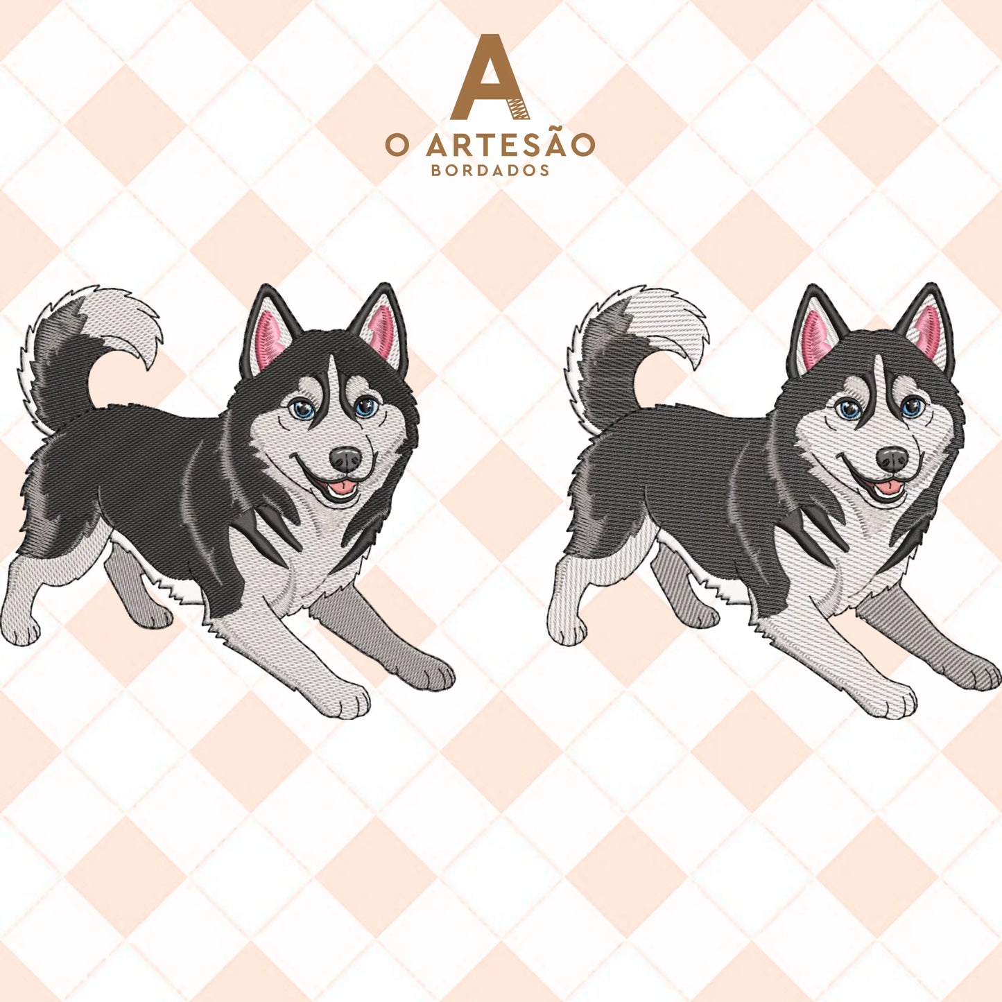 Matriz de Bordado Husky Brincalhão Rippled e Tatami Puxa Pano com Fundo Xadrez Rosinha