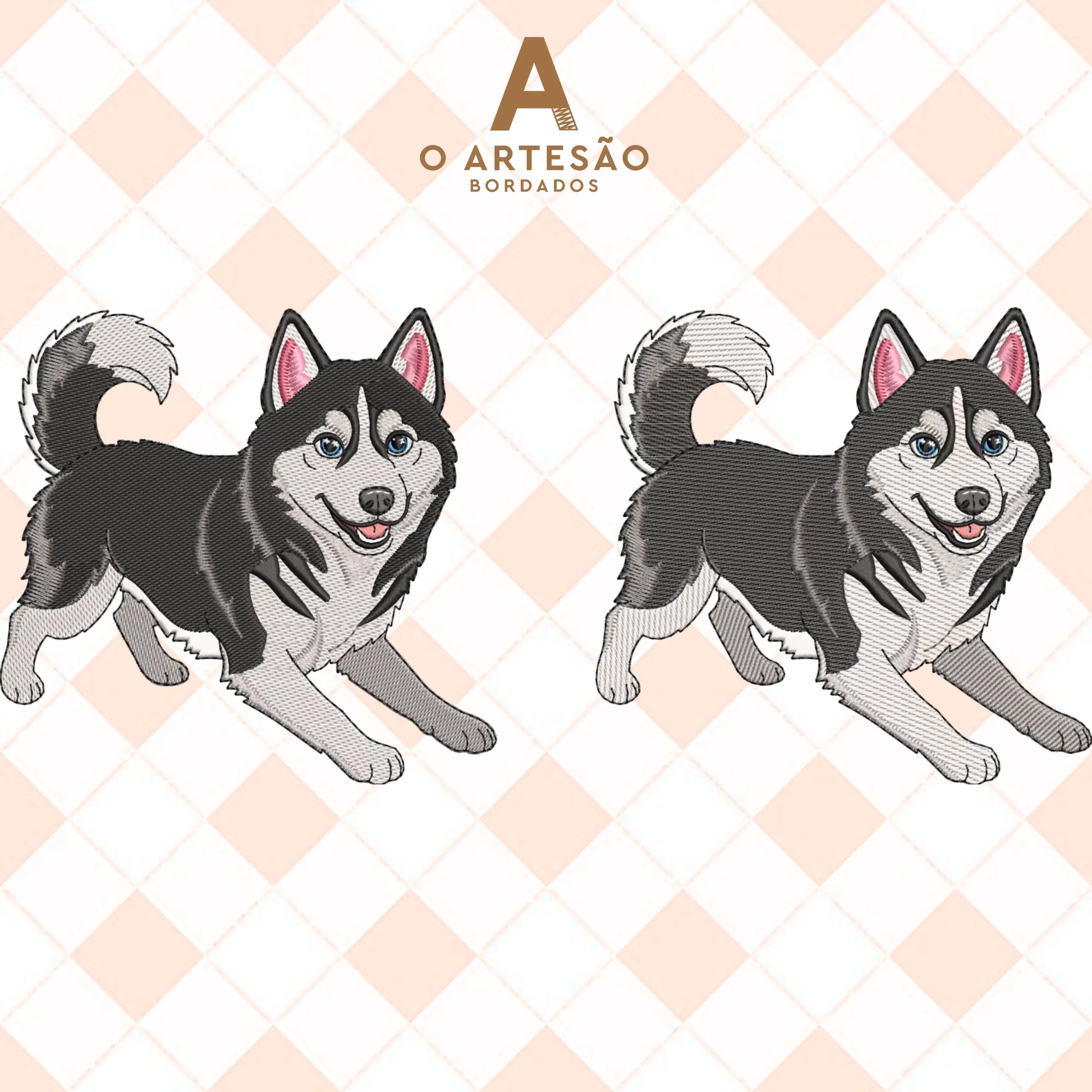 Matriz de Bordado Husky Brincalhão Rippled e Tatami Puxa Pano com Fundo Xadrez Rosinha