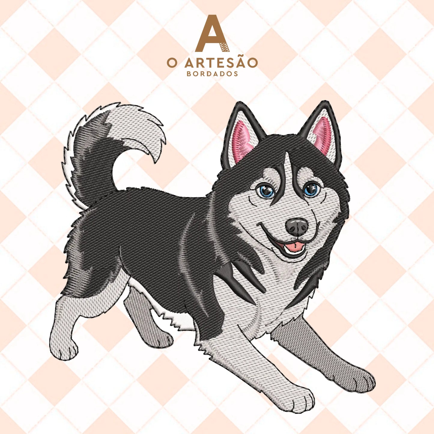 Matriz de Bordado Husky Brincalhão em Tatami Puxa Pano com Fundo Xadrez Rosinha