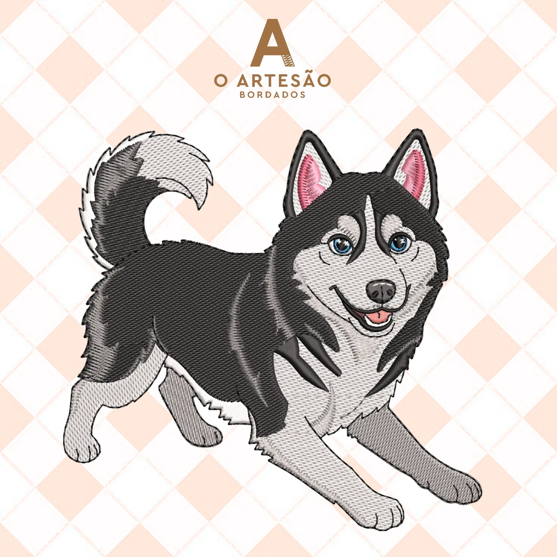 Matriz de Bordado Husky Brincalhão em Tatami Puxa Pano com Fundo Xadrez Rosinha