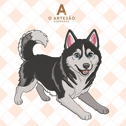 Matriz de Bordado Husky Brincalhão em Tatami Puxa Pano com Fundo Xadrez Rosinha