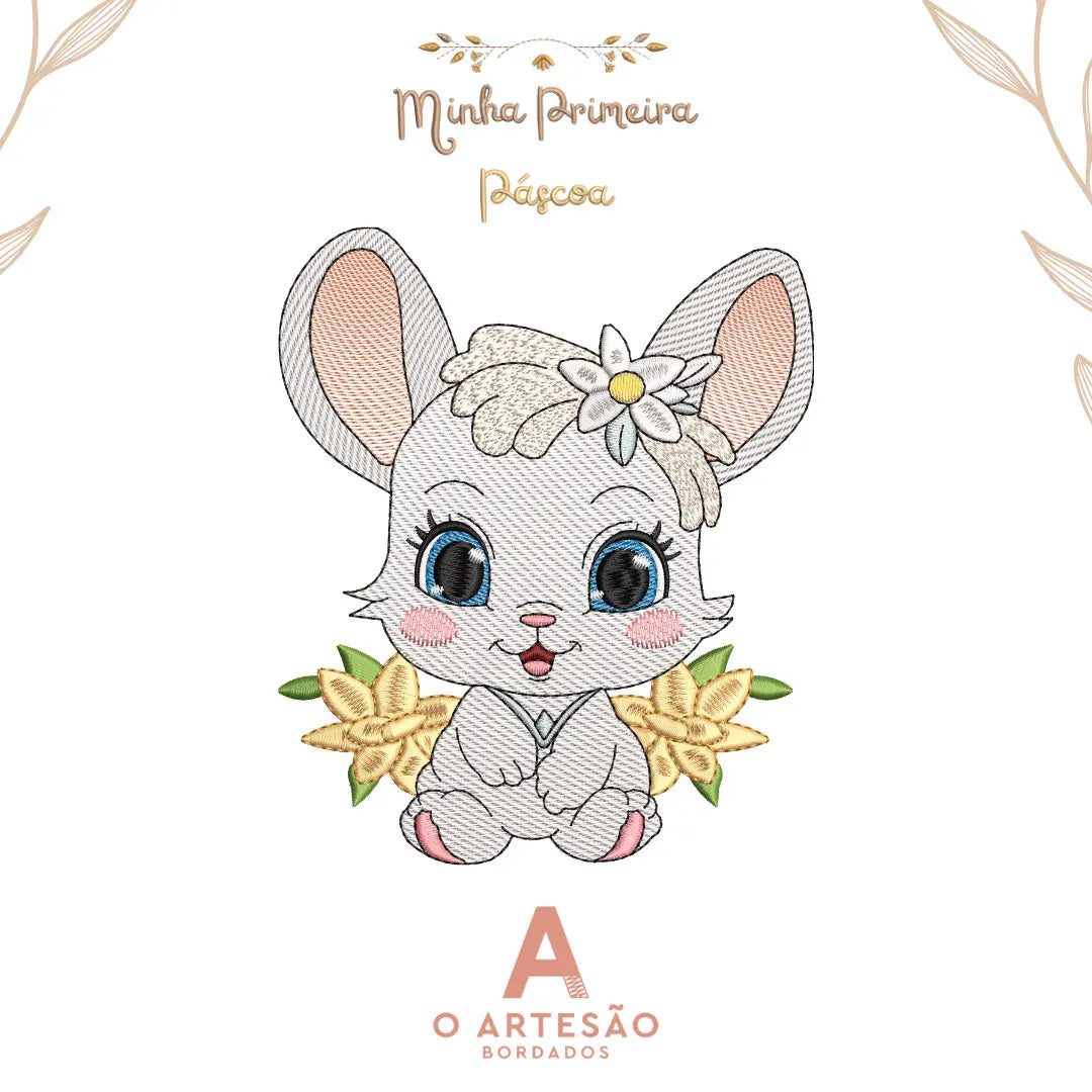 Matriz de Bordado Infantil Coelhinho 4 Minha Primeira Páscoa em fundo branco