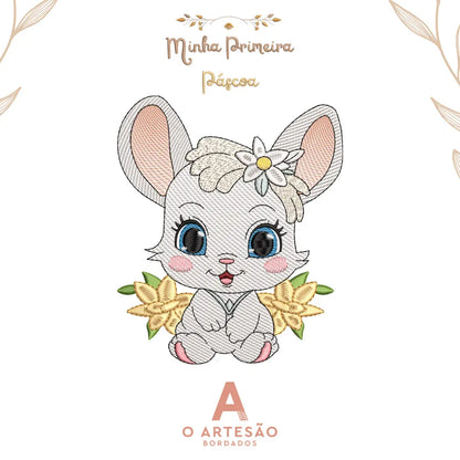 Matriz de Bordado Infantil Coelhinho 4 Minha Primeira Páscoa em fundo branco