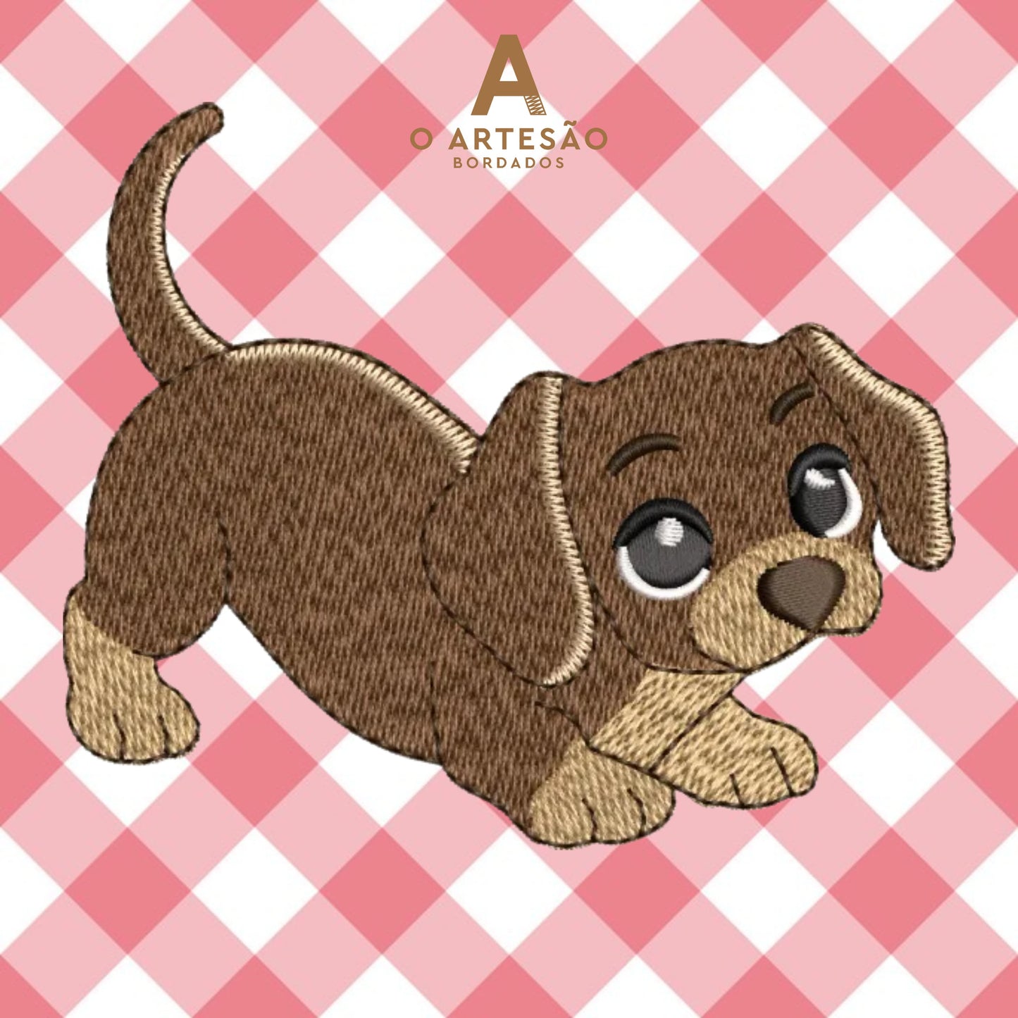 Matriz de Bordado Interativa Cachorrinho Sapeca com Fundo Vermelho Xadrez