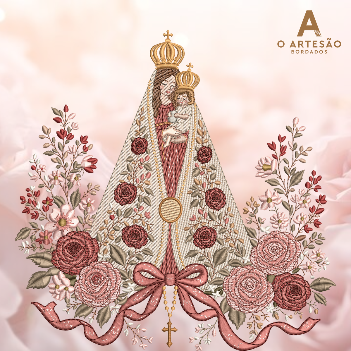 Matriz de Bordado Nossa Senhora Floral com Fundo Rosa Delicado.