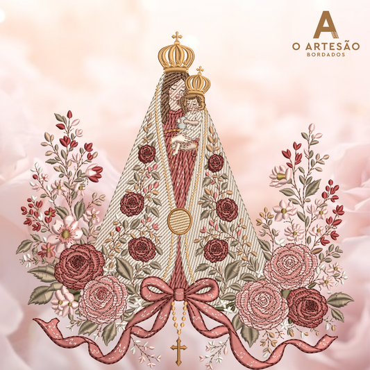 Matriz de Bordado Nossa Senhora Floral com Fundo Rosa Delicado.