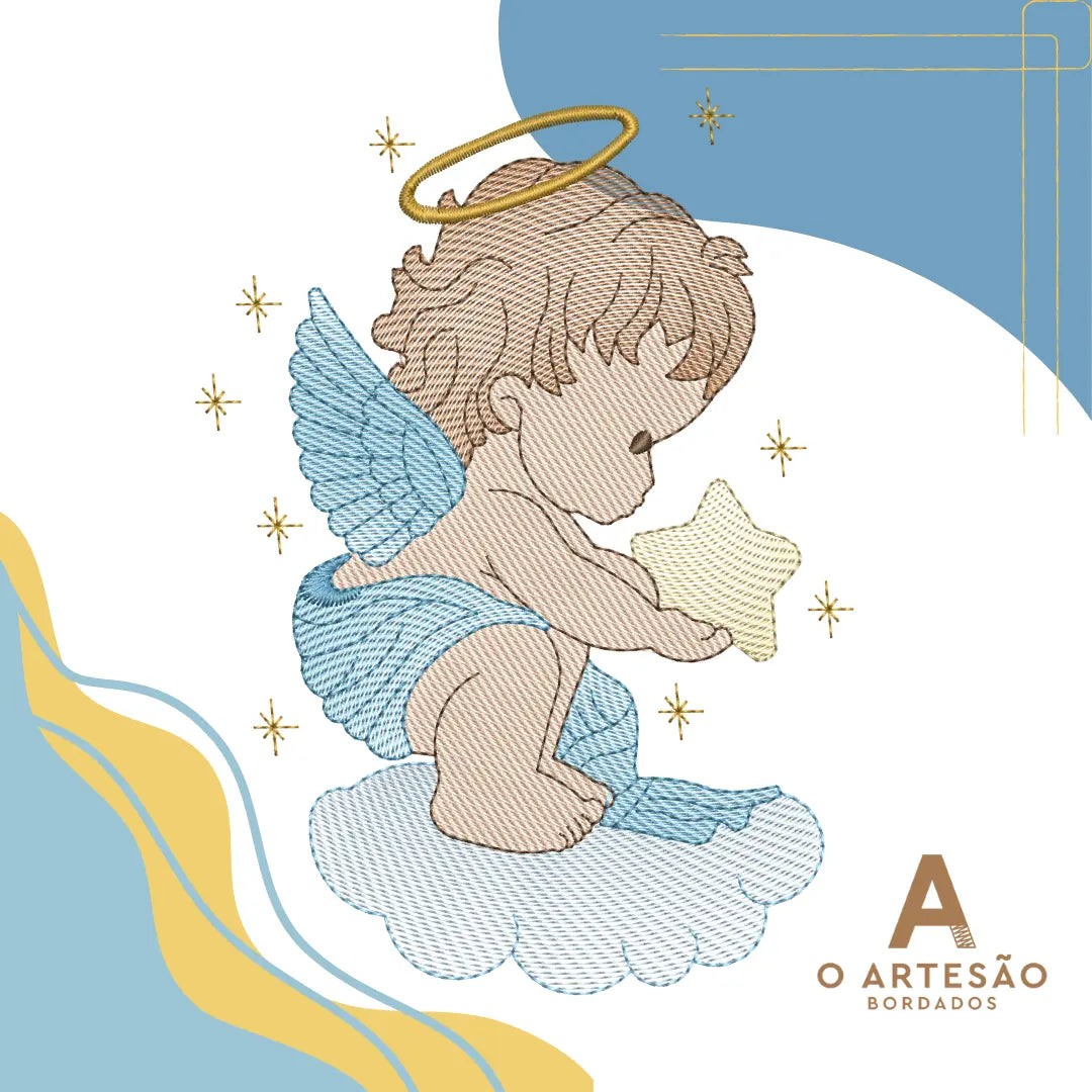 Matriz de Bordado Religiosa Anjinho no Céu no fundo Azul e Branco Decorado