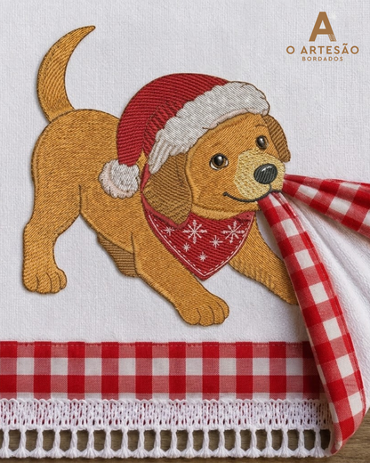 Matriz de Bordado Cachorrinho Caramelo Puxa Pano no Pano de Prato.