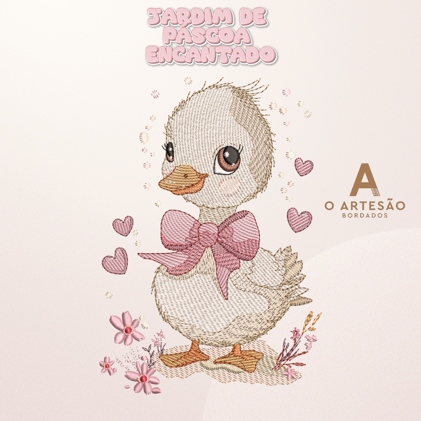 Matriz de Bordado de Páscoa Patinha Fofa Jardim Encantado no Fundo Rosa Simples