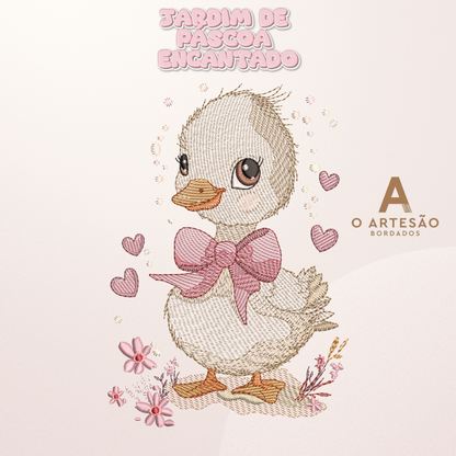 Matriz de Bordado de Páscoa Patinha Fofa Jardim Encantado no Fundo Rosa Simples